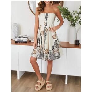 Milio Milano Strapless Smocked Dress Size M Cream Abstract Daisy Cotton Sundress